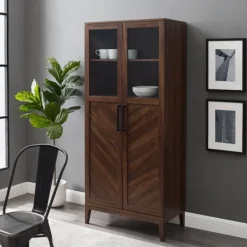 Cabinets & Sideboards-Kirkland's Home Dark Walnut Chevron Wooden Storage Cabinet Brown