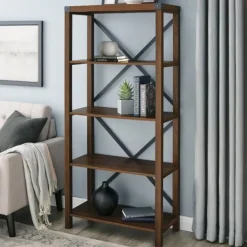 Bookshelves-Kirkland's Home Dark Walnut Farmhouse Metal Bookcase Brown
