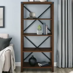 Bookshelves-Kirkland's Home Dark Walnut Farmhouse Metal Bookcase Brown