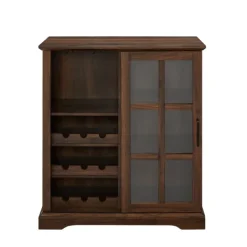 Cabinets & Sideboards-Kirkland's Home Dark Walnut Sliding Glass Door Bar Cabinet Brown