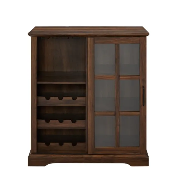 Cabinets & Sideboards-Kirkland's Home Dark Walnut Sliding Glass Door Bar Cabinet Brown