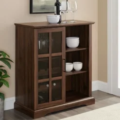 Cabinets & Sideboards-Kirkland's Home Dark Walnut Sliding Glass Door Bar Cabinet Brown