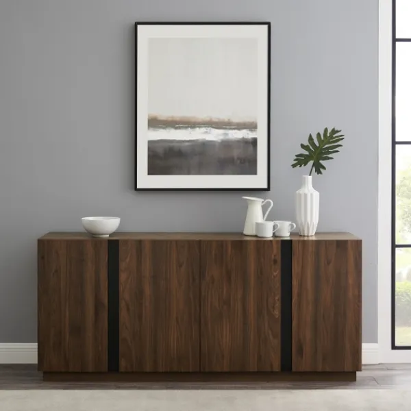 Cabinets & Sideboards-Kirkland's Home Dark Walnut Wood And Black Metal Sideboard