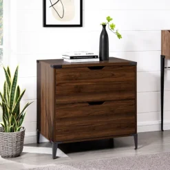 Office Furniture-Kirkland's Home Dark Walnut Wood And Iron Accent Filing Cabinet Brown