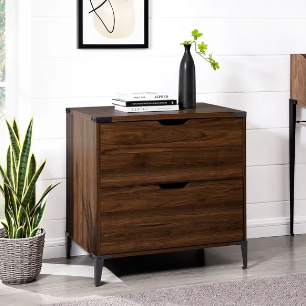 Office Furniture-Kirkland's Home Dark Walnut Wood And Iron Accent Filing Cabinet Brown