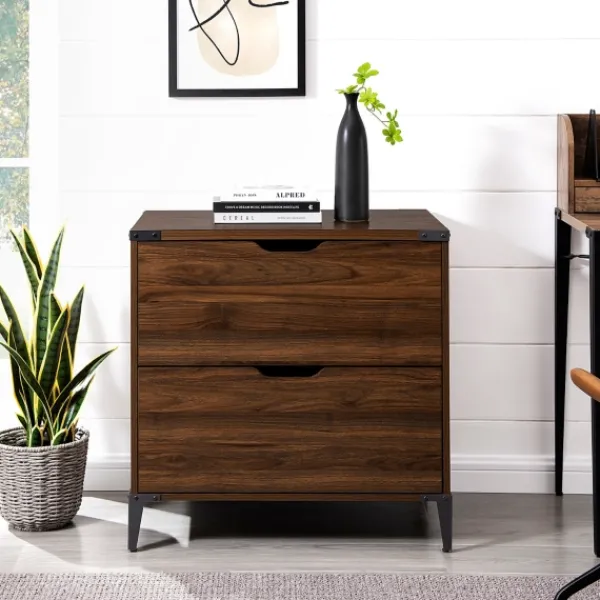 Office Furniture-Kirkland's Home Dark Walnut Wood And Iron Accent Filing Cabinet Brown
