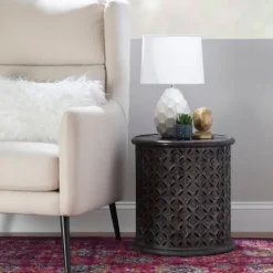 Accent & End Tables-Kirkland's Home Dark Wood Carved Medallion Accent Table Gray