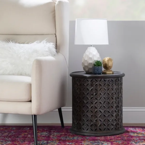 Accent & End Tables-Kirkland's Home Dark Wood Carved Medallion Accent Table Gray