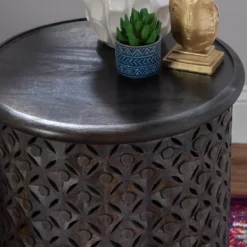 Accent & End Tables-Kirkland's Home Dark Wood Carved Medallion Accent Table Gray