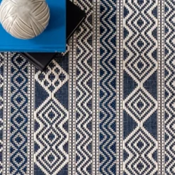 Outdoor Rugs-Kirkland's Home Davon Blue Geometric Striped Outdoor Rug, 5X8 Blue/Gray