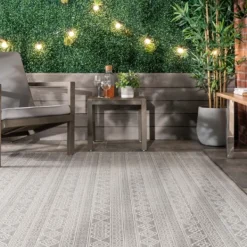 Outdoor Rugs-Kirkland's Home Davon Gray Geometric Striped Outdoor Rug, 8X10 Gray/White
