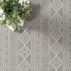 Outdoor Rugs-Kirkland's Home Davon Gray Geometric Striped Outdoor Rug, 5X8 Gray/White