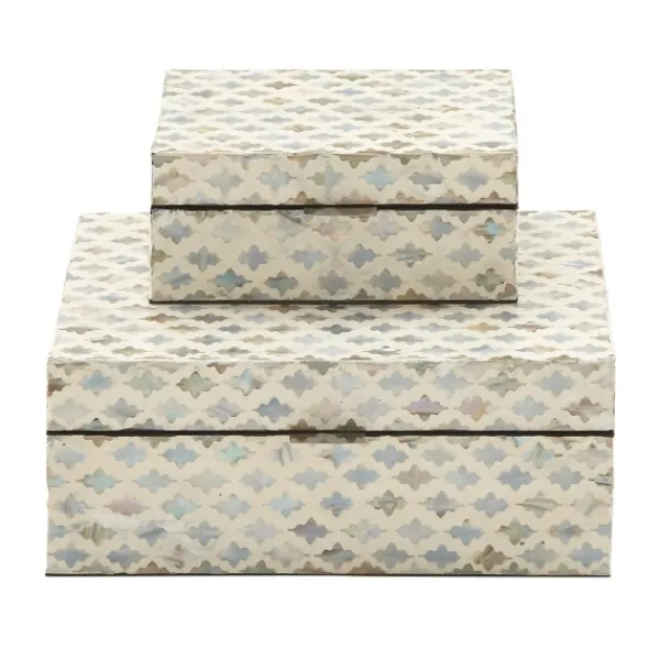 Baskets & Boxes-Kirkland's Home Decorative Mussel Shell Wood Boxes, Set Of 2 Ivory/Gray