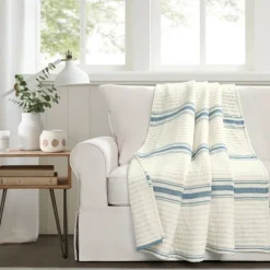 Blankets & Throws-Kirkland's Home Deep Blue Pick Stitch Stripe Decorative Throw Blue/White