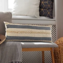 Pillows-Kirkland's Home Denim Blue Braided Stripe Lumbar Pillow Blue/Tan/White
