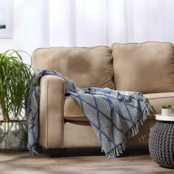 Blankets & Throws-Kirkland's Home Diamond Fringe Throw Blue