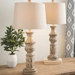 Table Lamps-Kirkland's Home Distressed Cream Table Lamps, Set Of 2 Tan