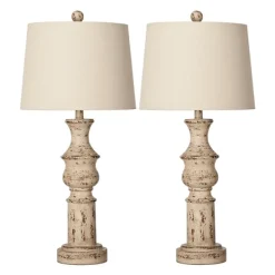 Table Lamps-Kirkland's Home Distressed Cream Table Lamps, Set Of 2 Tan