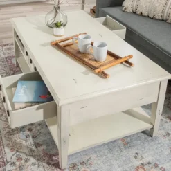 Coffee Tables-Kirkland's Home Distressed Cream Wood 3-Drawer Coffee Table Ivory