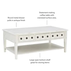 Coffee Tables-Kirkland's Home Distressed Cream Wood 3-Drawer Coffee Table Ivory