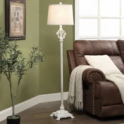 Floor Lamps-Kirkland's Home Distressed Fleur-De-Lis Floor Lamp Tan