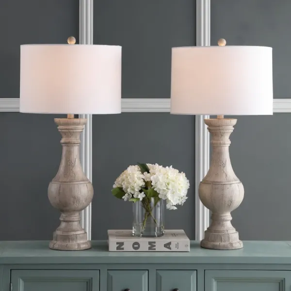 Table Lamps-Kirkland's Home Distressed Ivory Faux Wood Table Lamps, Set Of 2 White