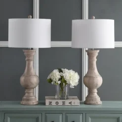 Table Lamps-Kirkland's Home Distressed Ivory Faux Wood Table Lamps, Set Of 2 White