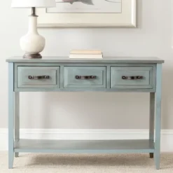 Console Tables-Kirkland's Home Distressed Light 3-Drawer Console Table Blue