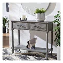 Entryway Furniture-Kirkland's Home Distressed Ronan 2-Drawer Console Table Gray