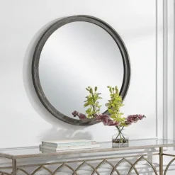 Framed Mirrors-Kirkland's Home Distressed Slate Blue Wooden Round Wall Mirror