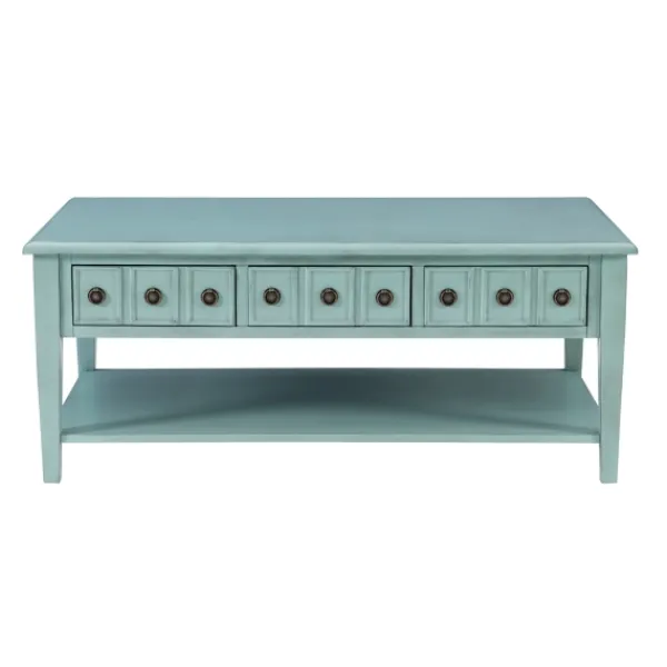 Coffee Tables-Kirkland's Home Distressed Turquoise Wood 3-Drawer Coffee Table Blue