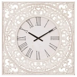 Clocks-Kirkland's Home Distressed White Ornate Wood Carved Wall Clock