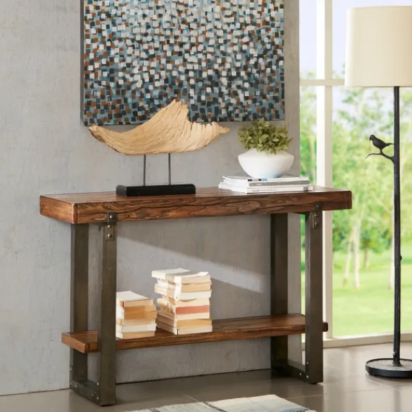 Console Tables-Kirkland's Home Distressed Wood And Gunmetal Console Table Brown