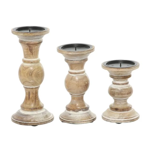Candle Holders-Kirkland's Home Distressed Wood Pillar Candle Holders, Set Of 3 Brown
