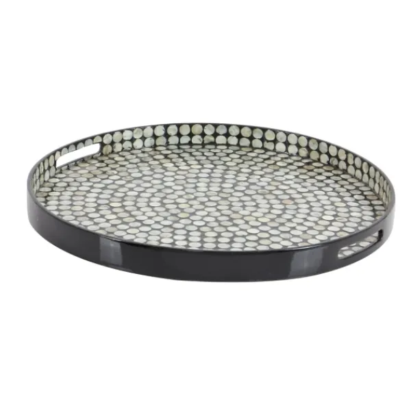 Decorative Trays-Kirkland's Home Dotted Shell Round Wooden Tray Black/Gray/Brown
