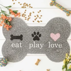 Kitchen & Floor Mats-Kirkland's Home Eat Play Love Bone-Shaped Pet Bowl Mat Gray