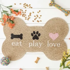 Kitchen & Floor Mats-Kirkland's Home Eat Play Love Bone-Shaped Pet Bowl Mat Tan