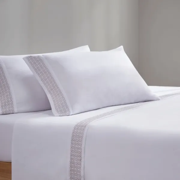 Bed Sheets-Kirkland's Home Elegant Geo Hem Microfiber 4-Pc. King Sheet Set White/Tan