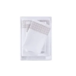 Bed Sheets-Kirkland's Home Elegant Geo Hem Microfiber 4-Pc. Queen Sheet Set White/Tan