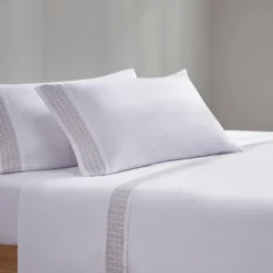 Bed Sheets-Kirkland's Home Elegant Geo Hem Microfiber 4-Pc. Queen Sheet Set White/Tan
