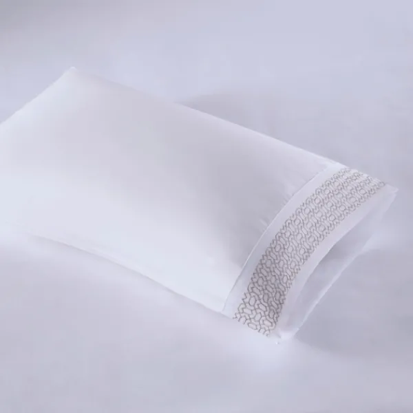 Bed Sheets-Kirkland's Home Elegant Geo Hem Microfiber 4-Pc. Queen Sheet Set White/Tan
