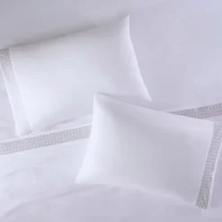 Bed Sheets-Kirkland's Home Elegant Geo Hem Microfiber 4-Pc. Queen Sheet Set White/Tan