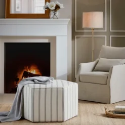 Benches & Ottomans-Kirkland's Home Ellen Stripe Martha Stewart Cocktail Ottoman Ivory