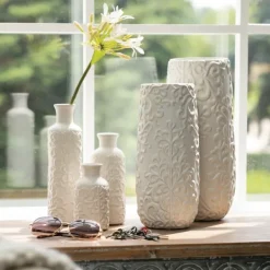 Vases-Kirkland's Home Embossed Scrolling 3-Pc. Vase Set White