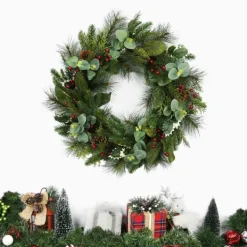 Wreaths-Kirkland's Home Eucalyptus And Pineberry Refresh Wreath Green/Red