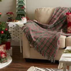 Blankets & Throws-Kirkland's Home Evergreen Forest Plaid Cotton Throw Green/Red