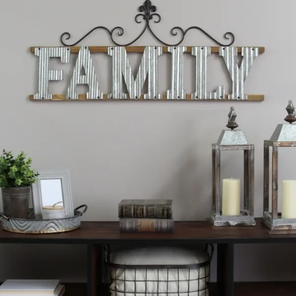 Wall Quotes & Signs-Kirkland's Home Family Scroll Galvanized Metal Wall Plaque Silver/Brown/Black