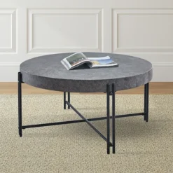 Coffee Tables-Kirkland's Home Faux Concrete And Metal Base Coffee Table Gray