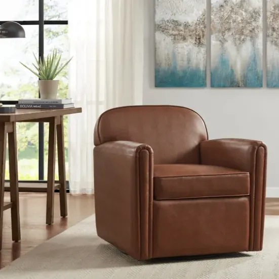 Accent Chairs-Kirkland's Home Faux Leather Swivel Club Chair Brown