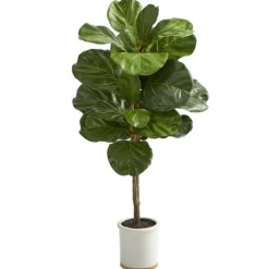 Trees & Topiaries-Kirkland's Home Fiddle Leaf Fig In White Ceramic Planter, 42 In.